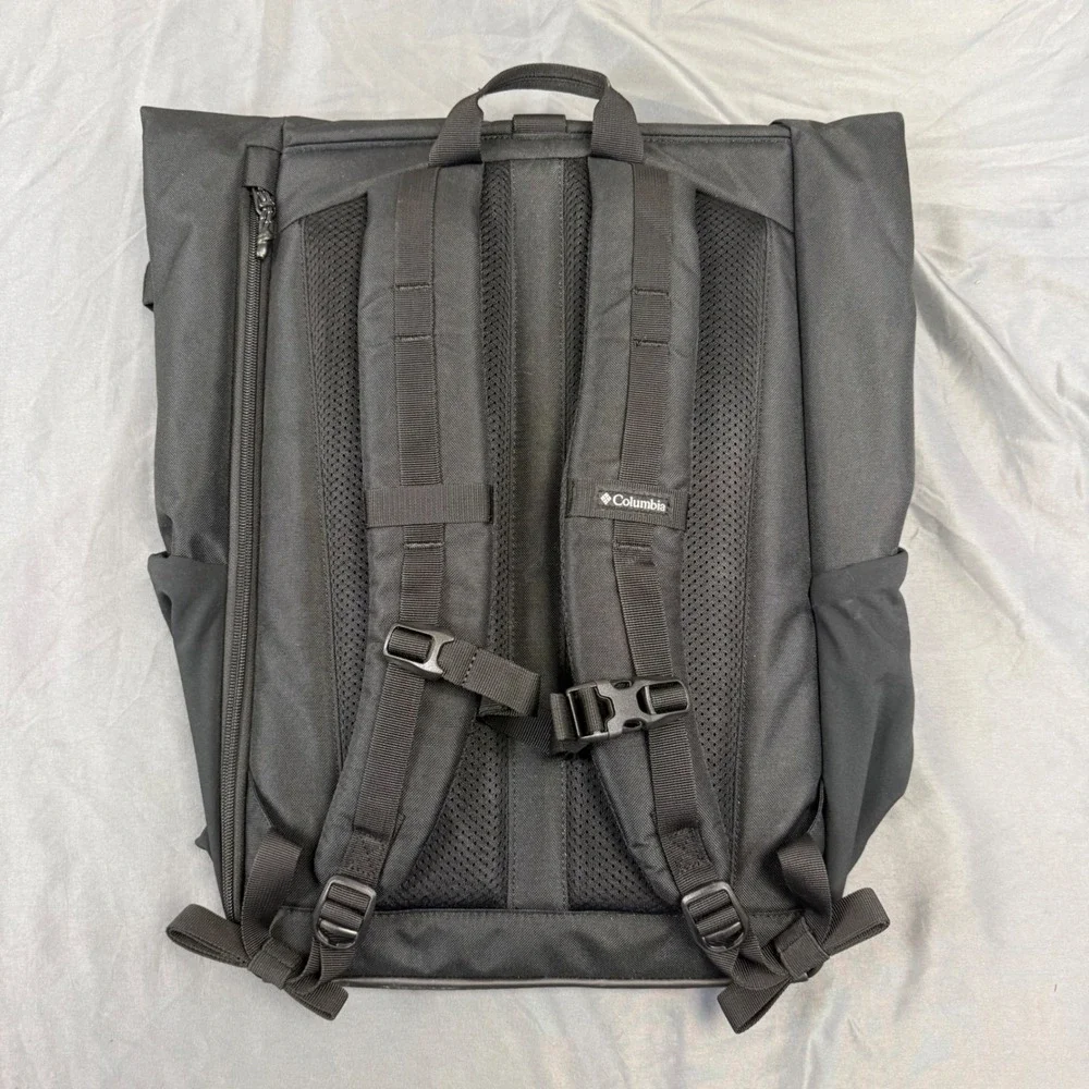 Columbia Black Roll Top Backpack Unisex Padded Straps Side Access Hiking Bag